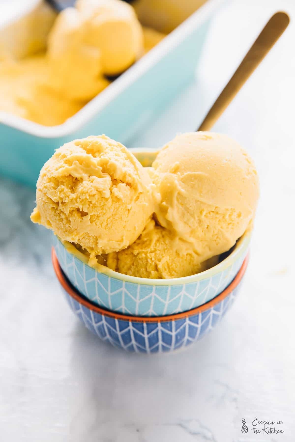 No-churn mango ice cream in a bowl