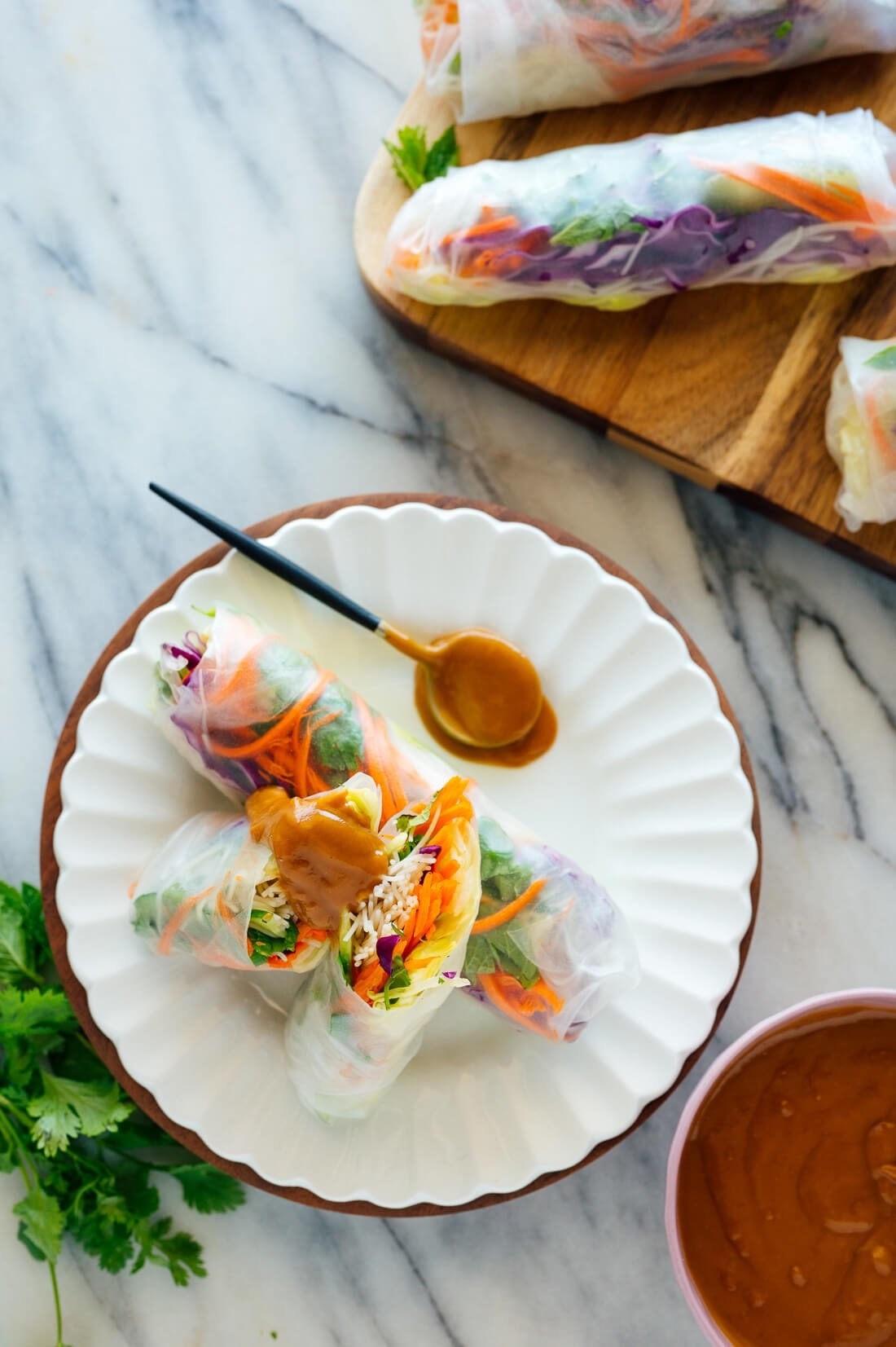 Vietnamese vegetable spring rolls with peanut dipping sauce