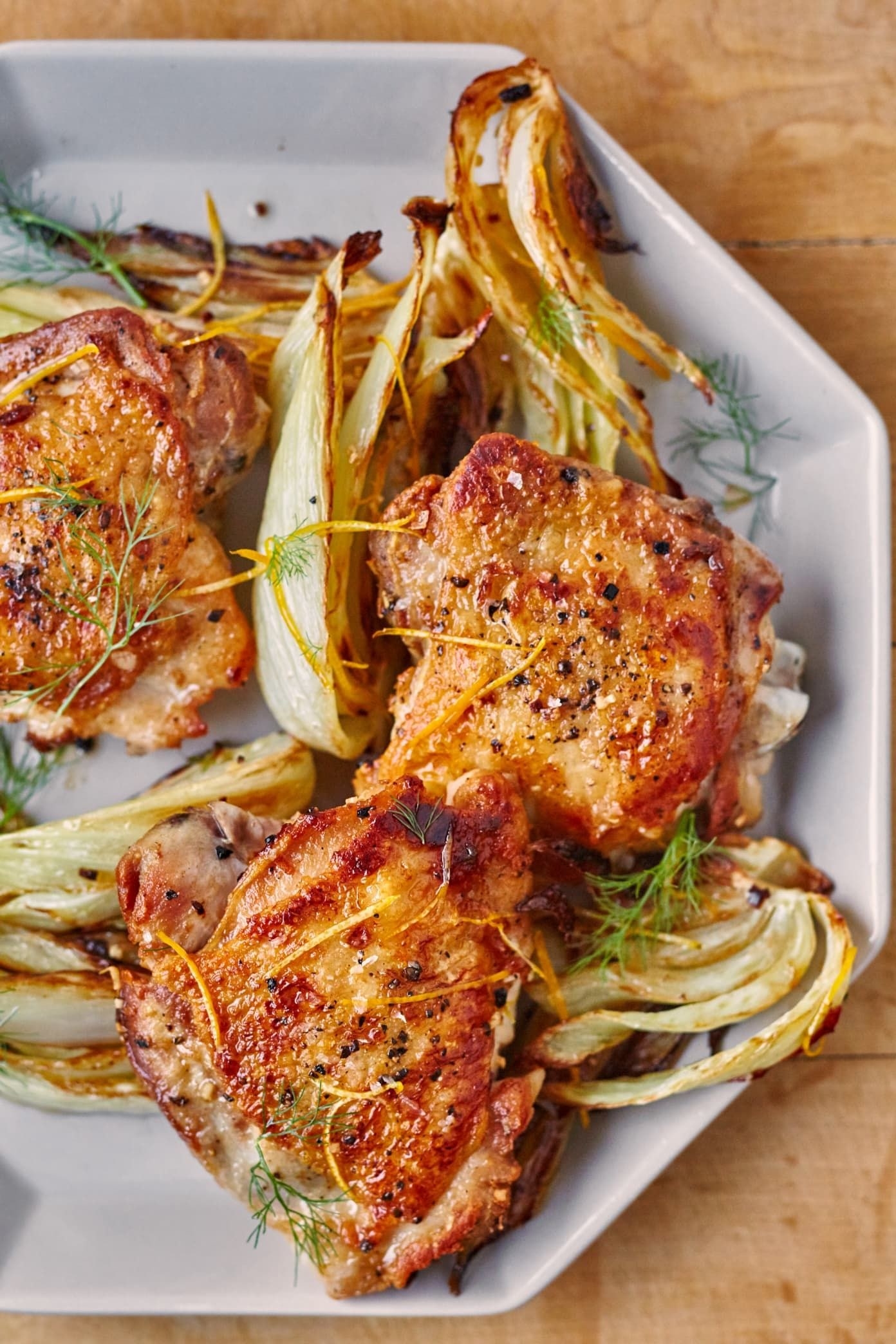 Roasted Chicken Thighs with Fennel and Lemon on a plate