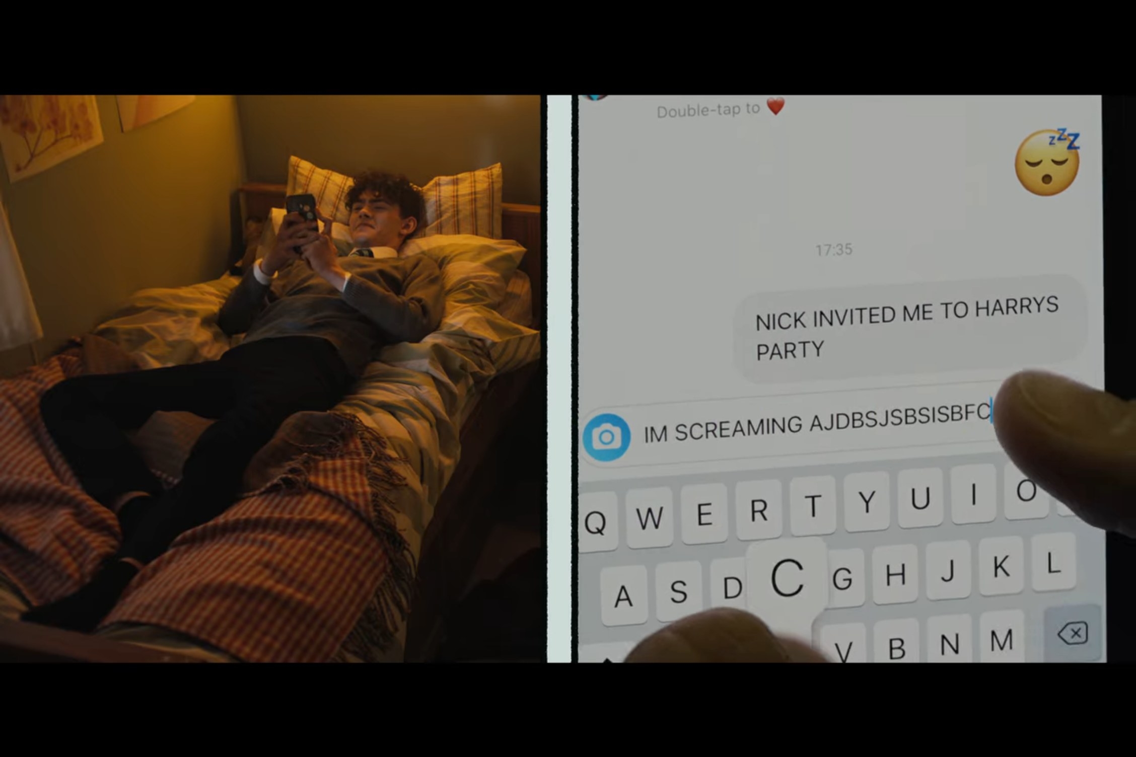 Charlie sits in bed with his phone and tests, &quot;Nick invited me to Harry&#x27;s party! I&#x27;M SCREAMING&quot; and then a big keyboard smash
