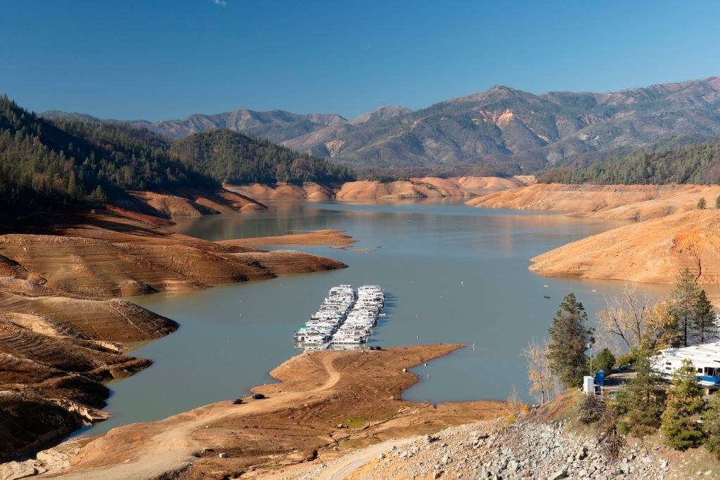 Two rows of boats crammed close together to make use of the dwindling space on the lake