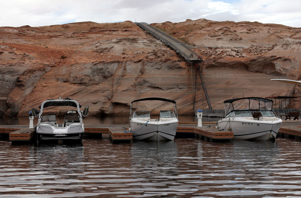 A ramp runs down the cliff face to the harbor, but the ramp is now so far above the harbor that it would be dangerous to jump down from it