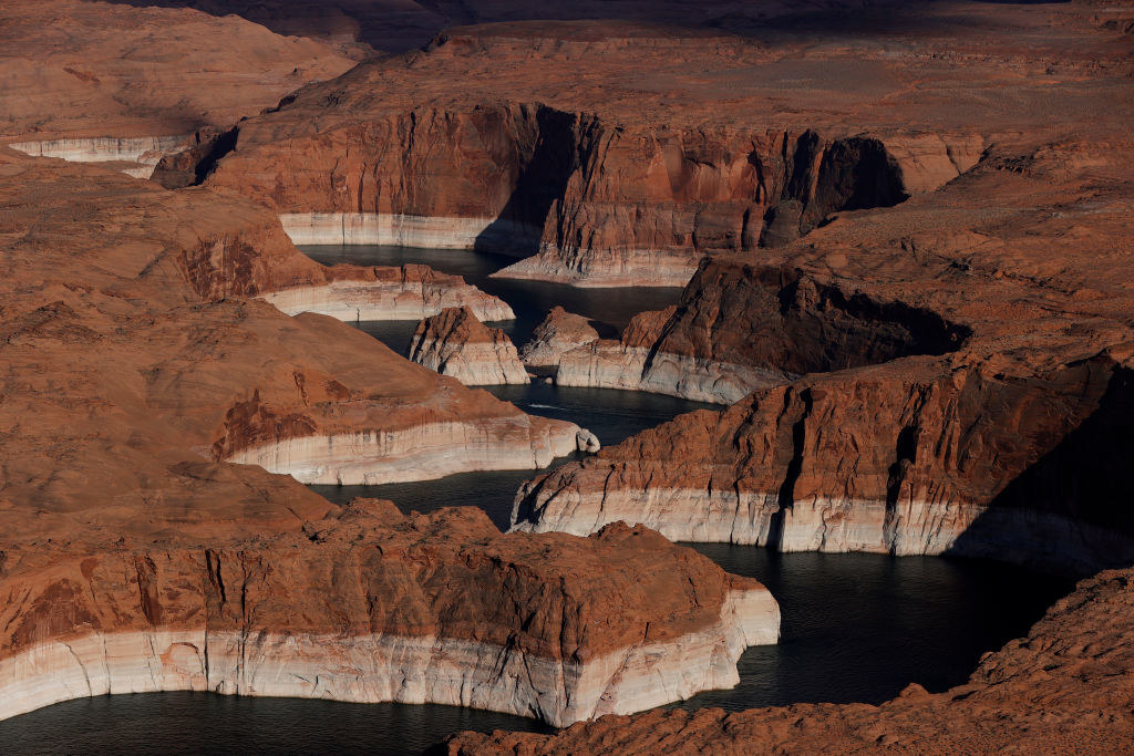 An even starker contrast, these cliffs are dark brown on top and turn white about halfway down, showing how high the lake water used to be