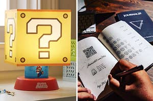A Super Mario Bros. lamp and a copy of Journal 29