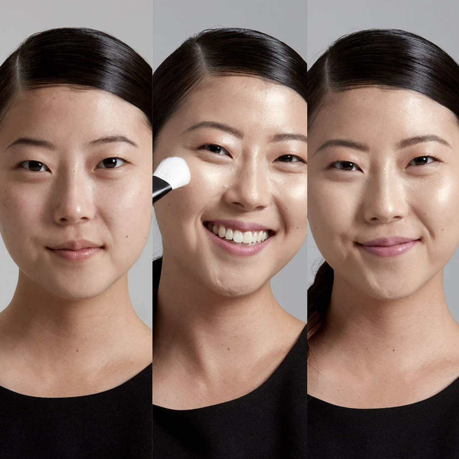 A person applying the powder and showing before and after using it