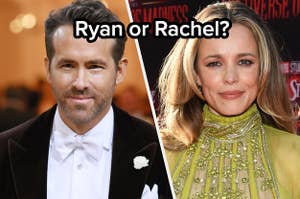 Ryan Reynolds wears a dark suit and Rachel McAdams wears a high neck gown