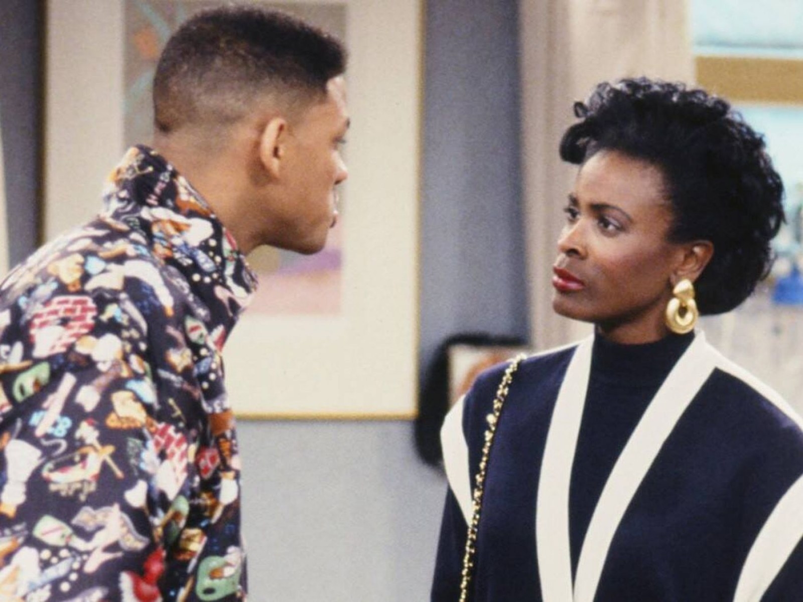 Will Smith and Janet Hubert as Aunt Viv glaring at each other in &quot;The Fresh Prince of Bel-Air&quot;