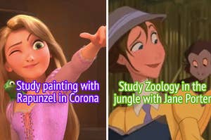 Rapunzel stands with one eye closed and her thumb tilted to the side and Jane Porter stands with a small monkey on her shoulder