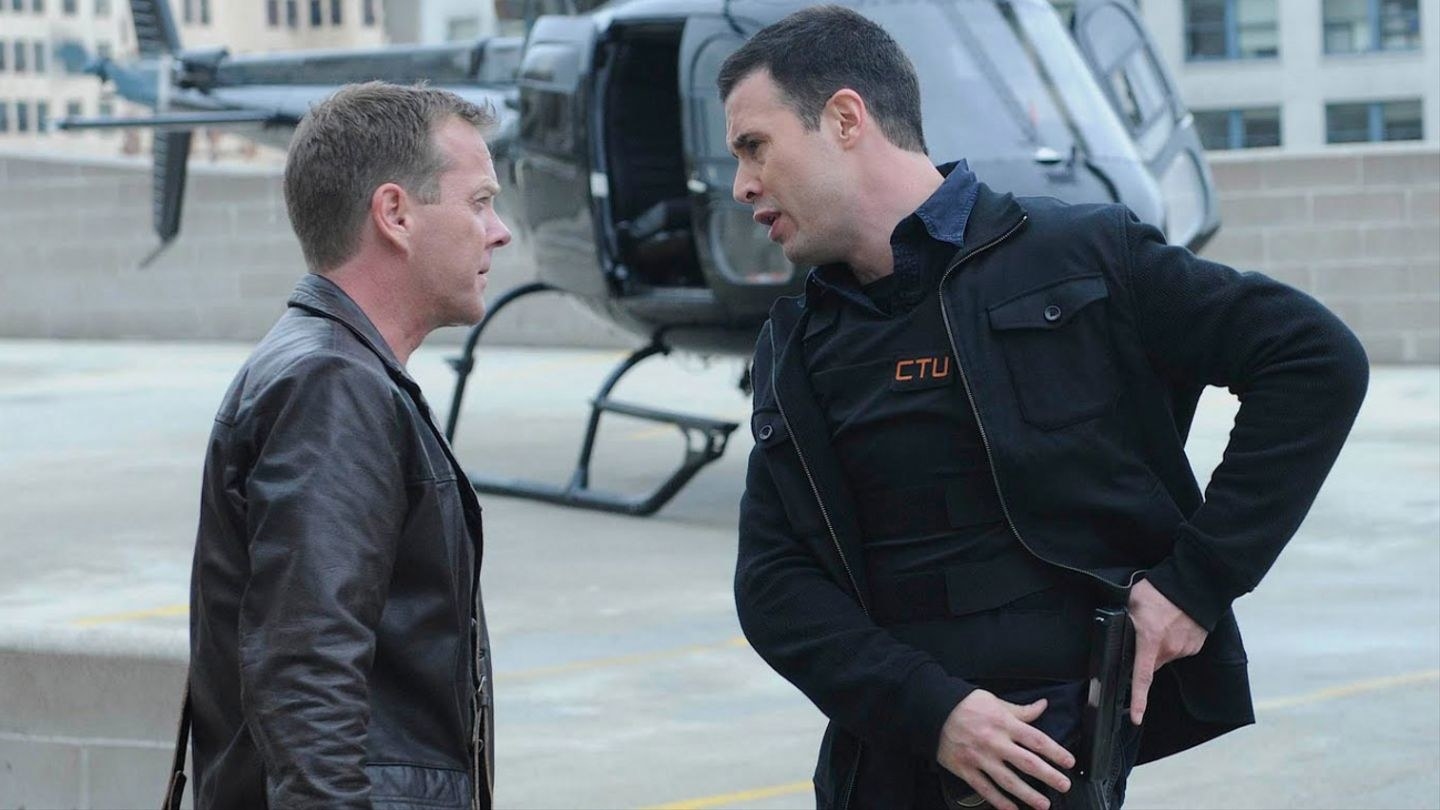Freddie Prinze Jr. as Cole Ortiz and Kiefer Sutherland as Jack Bauer in &quot;24&quot;
