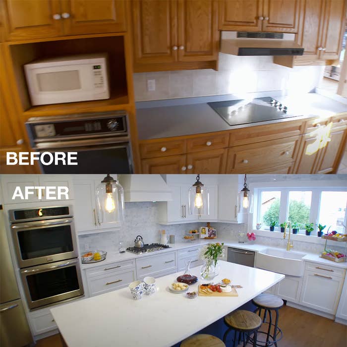Before and after photos of a renovated kitchen.