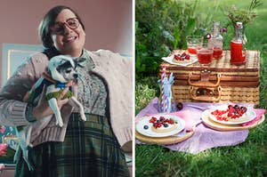 On the left, Aidy Bryant holding up a Chihuahua wearing a sweater in an SNL sketch, and on the right, a picnic basket in the grass with fruity desserts and juice on top of and near it