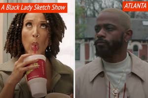 "A Black Lady Sketch Show" is written over Robin These with Lakeith Stanfield as Darius in "Atlanta"
