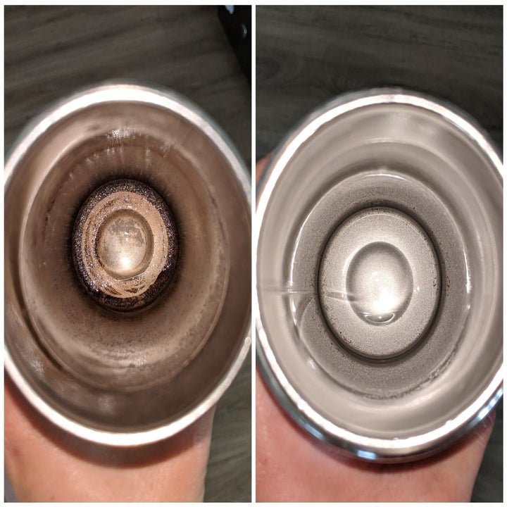 before and after a bottle being cleaned