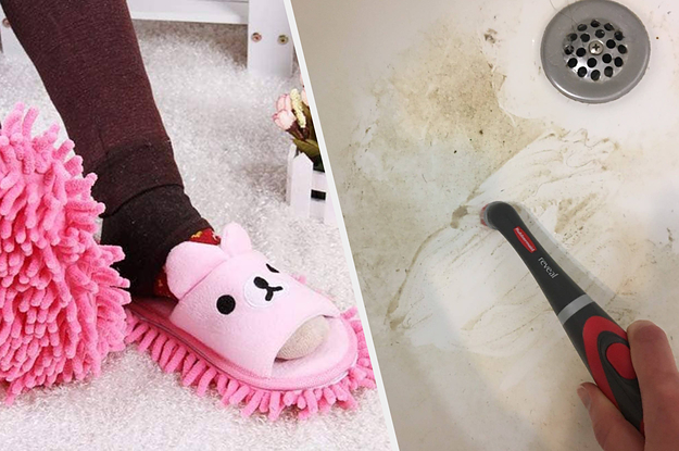 A person wearing slippers wit microfibre tassels on the bottom, A person cleaning dirt from their bathtub with an electronic scrubbing brush