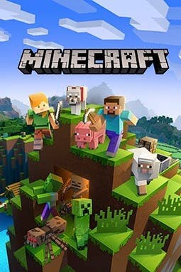 poster for minecraft, which is an animated mountain made up of cubes, grass, and square-shaped figures
