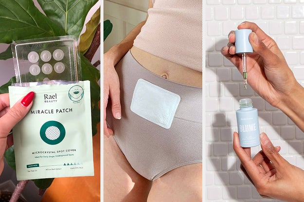 a pack of microneedle pimple patches, a heating patch on the front of a person's undies, and someone holding a bottle of acne oil