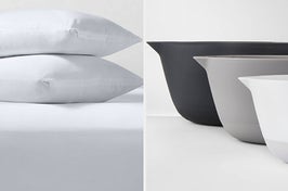 A white pillow protector and a set of black, grey and white mixing bowls 