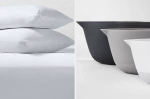 A white pillow protector and a set of black, grey and white mixing bowls 