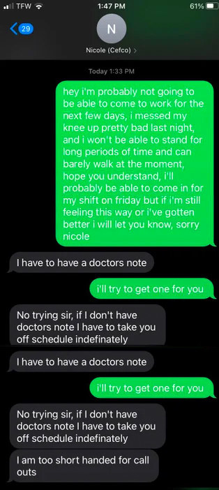 A person emailing their boss that they hurt their leg and the boss replying they have to take them off schedule if they don&#x27;t have a doctor&#x27;s note
