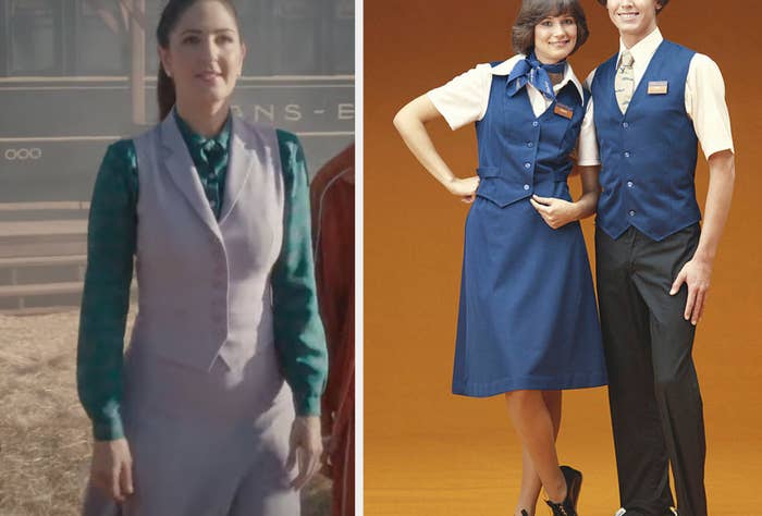 side by side of the character wearing a vest on top of a button-down and long skit and a flight attendant ad showing the same outfit with a name tag