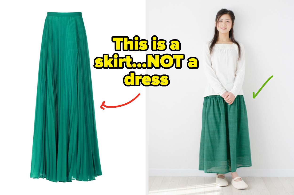 A long green skirt, a woman wearing it as a skirt, and the text &quot;this is a skirt...NOT a dress&quot;