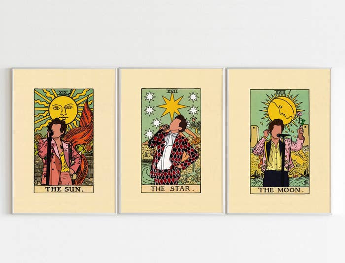 Three Harry Styles tarot card posters in &quot;the sun,&quot; &quot;the star,&quot; and &quot;the moon&quot; themes