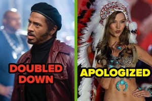 robert downey jr in blackface in tropic thunder labeled "doubled down" and karlie kloss in a native american headdress labeled "apologized"
