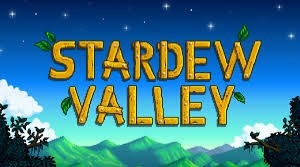 A mountain view with the wooden letters &quot;Stardew Valley&quot;.
