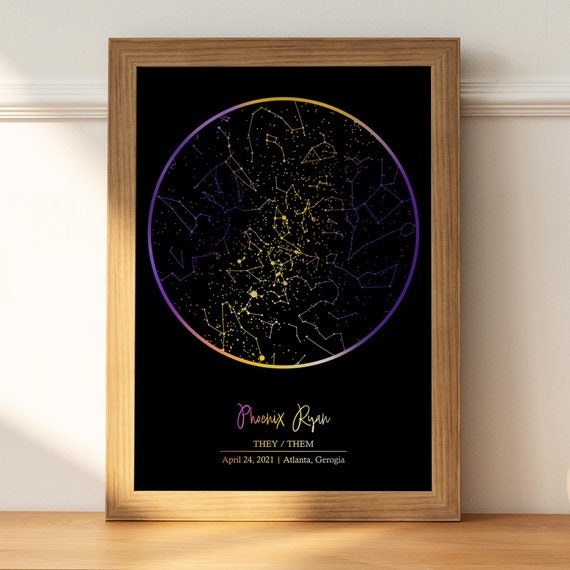 a constellation map in purple and yellow