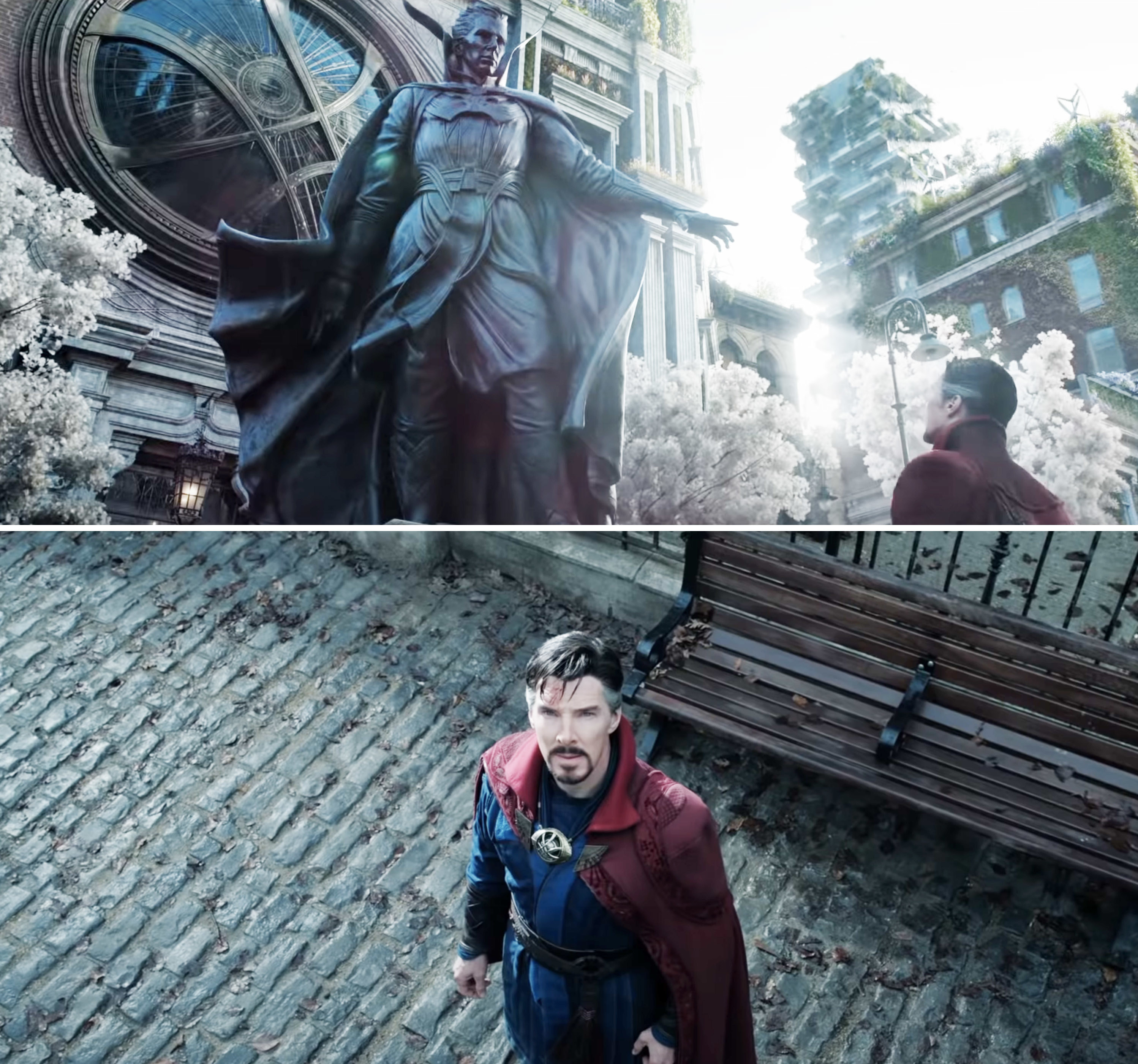 Doctor Strange memorial statue with Doctor Strange looking up at it