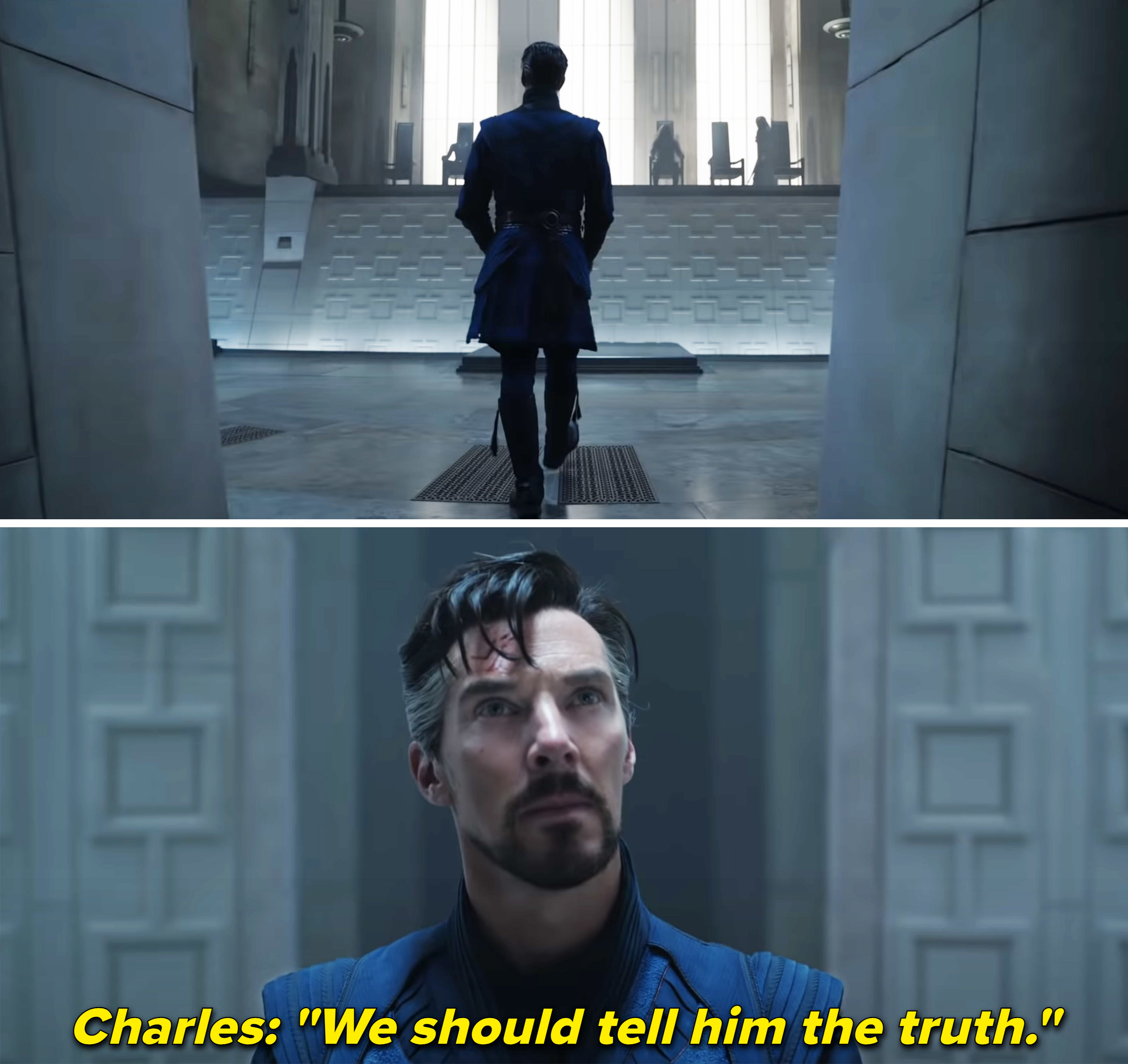 Doctor Strange walking in to a room with the Illuminati and Charles saying they should tell him the truth