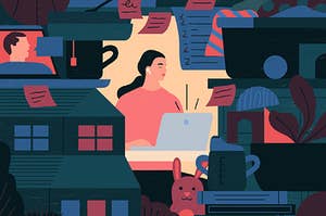 Illustration of a woman working on her laptop, surrounded by tasks and representations of parenthood