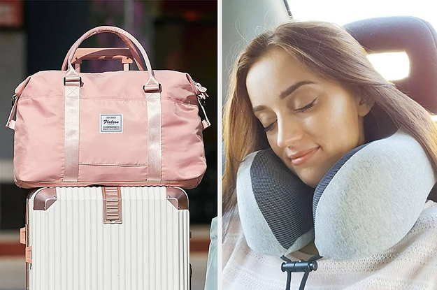 A bag on top of a suitcase and a person wearing a neck pillow in the car