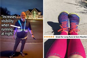 on left, reviewer wears glow-in-the-dark light-up vest with reflective detailing on run. on right, reviewer wears pink compression sleeves with purple running shoes