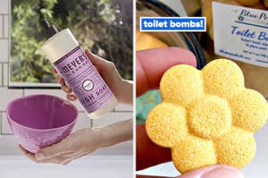 hands holding a purple bowl and peony scented dish soap / hand holding a yellow flower shaped toilet bomb with text: toilet bombs!