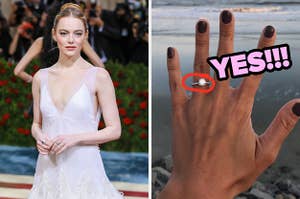 On the left, Emma Stone wearing a short wedding dress at the Met Gala, and on the right, someone showing their engagement ring with a circle around the ring and yes typed next to it