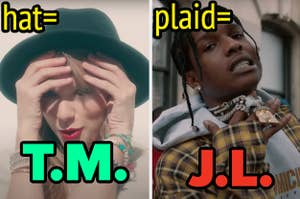 Taylor Swift is on the left labeled, "hat = T.M." with ASAP Rocky on the right labeled, "plaid = J.L."