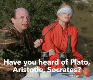 Vizzini holds a knife to Buttercup&#x27;s neck while calling Aristotle, Plato, and Socrates morons