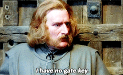 The gate keeper tells Westley, Inigo, and Fezzik that he has no gate key