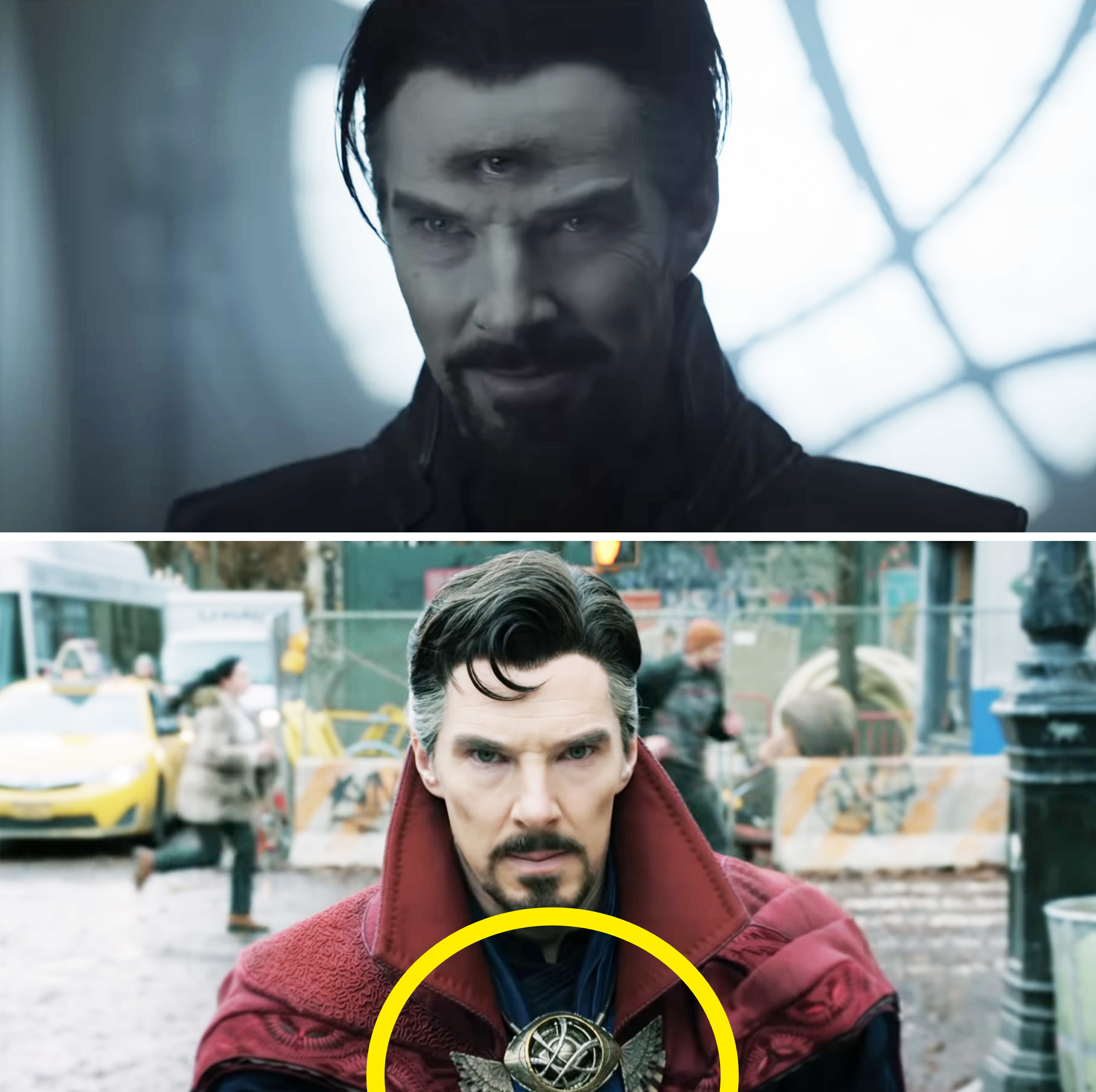 A third eye on Doctor Strange&#x27;s forehead; Doctor Strange with the Eye of Agamotto on his cape