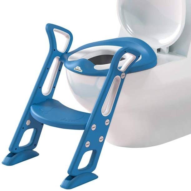 Blue and white potty training step stool and seat