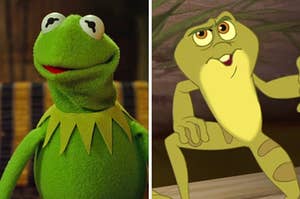 On the left, Kermit the Frog, and on the right, Prince Naveen from "The Princess and the Frog" as a frog