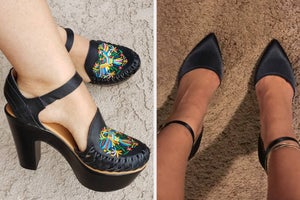left: reviewer POV photo wearing black satin heels. right: reviewer POV photo wearing black platform heels