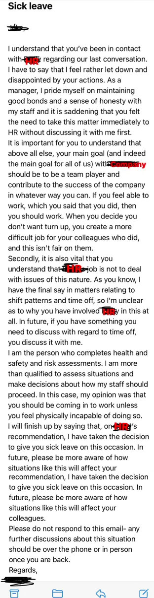 A manager&#x27;s email saying they are the one assessing health and risk, not HR