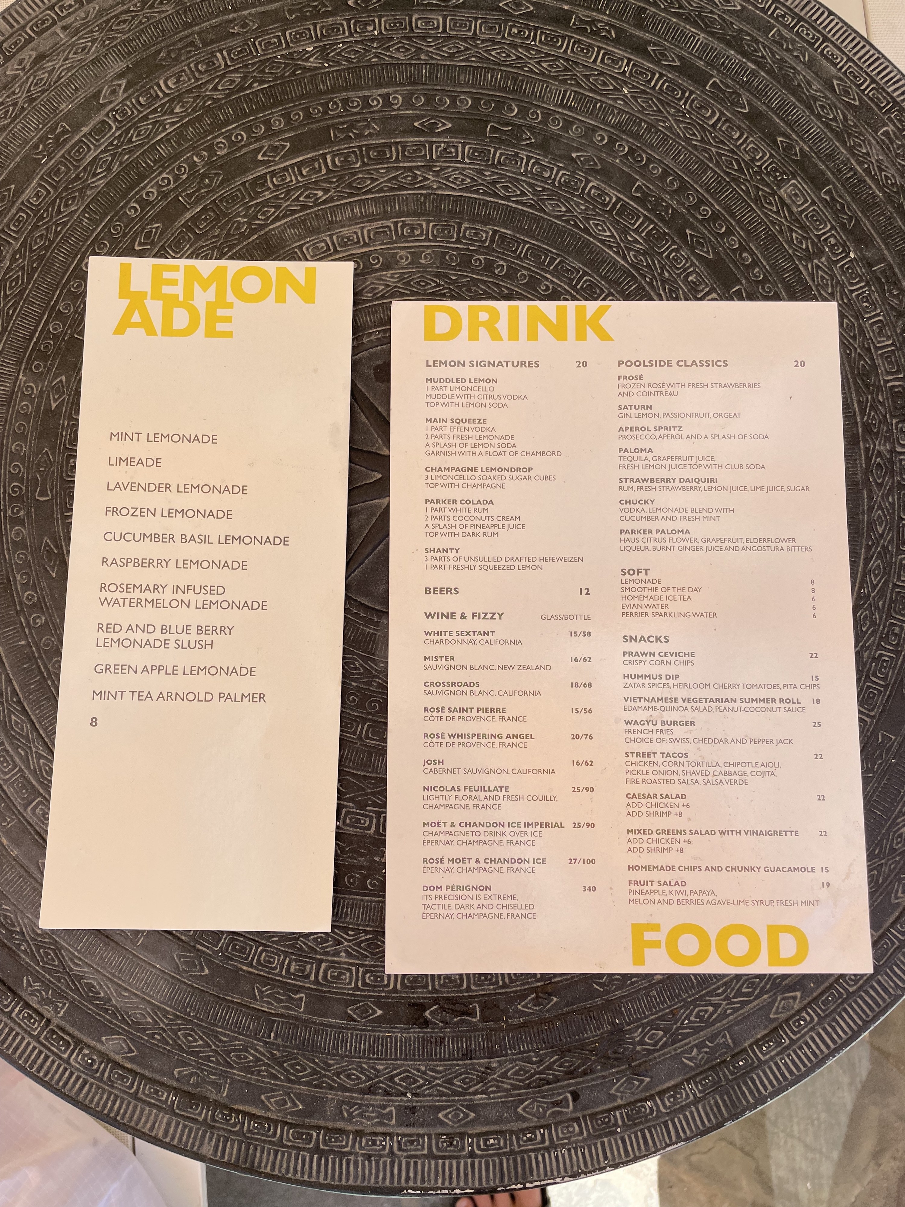 Pool food and drink menus