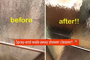 Reviewer's shower door before and after using weekly shower cleaner