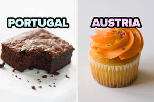 On the left, a brownie with a bite taken out of it labeled Portugal, and on the right, a vanilla cupcake with bright frosting and sprinkles labeled Austria