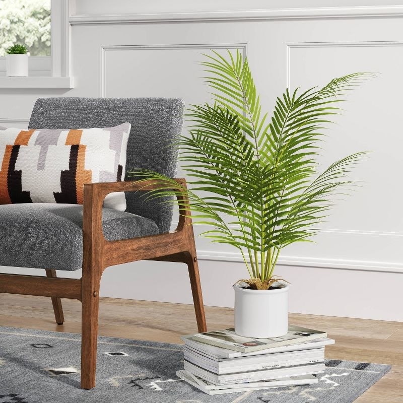 a fake palm plants on a stack of books next to a couch