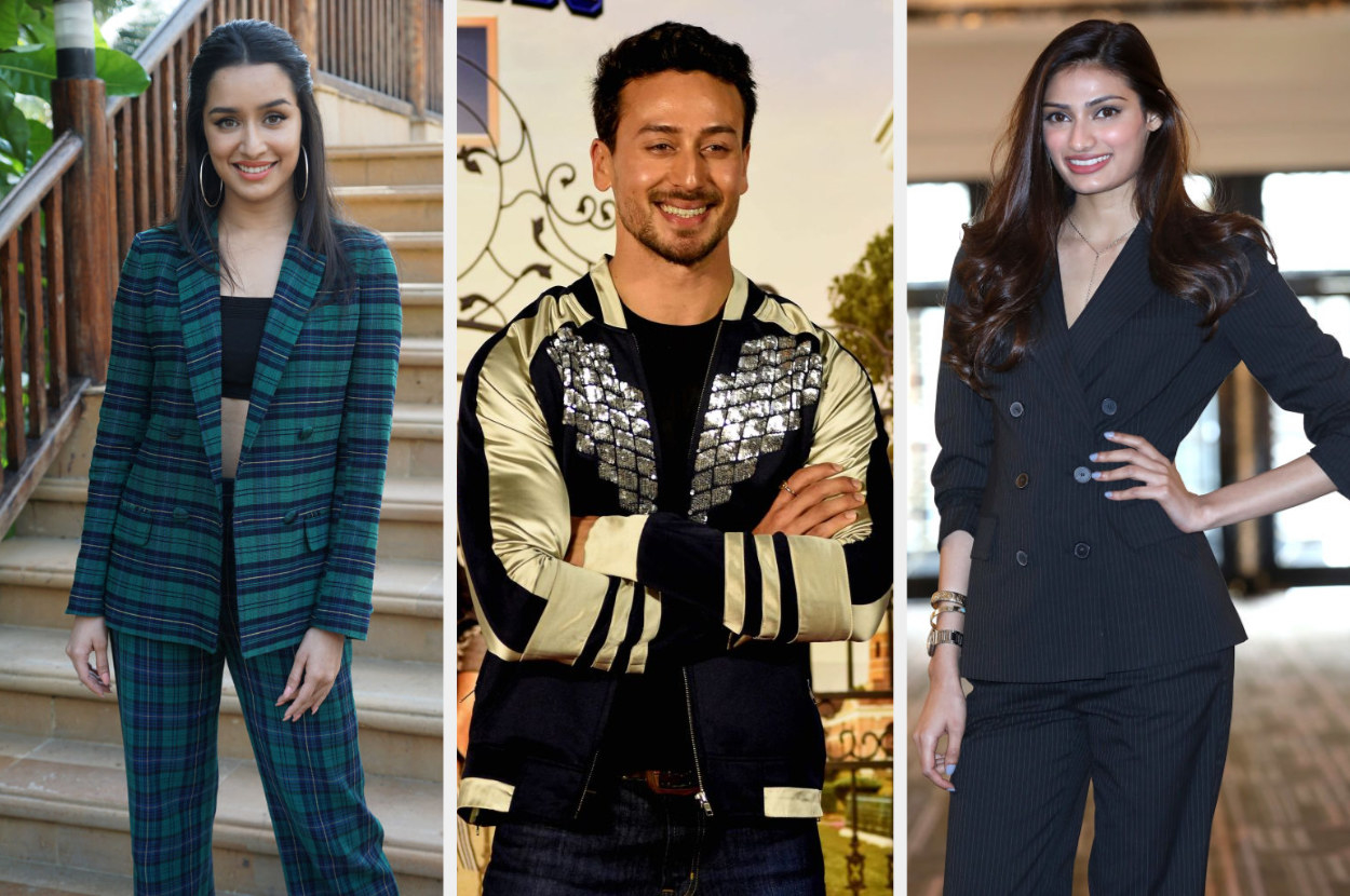 A collage of Shraddha Kapoor, Tiger Shroff, and Athiya Shetty, all formally dressed and posing for photographs