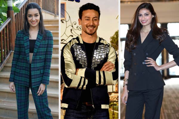 A collage of Shraddha Kapoor, Tiger Shroff, and Athiya Shetty, all formally dressed and posing for photographs